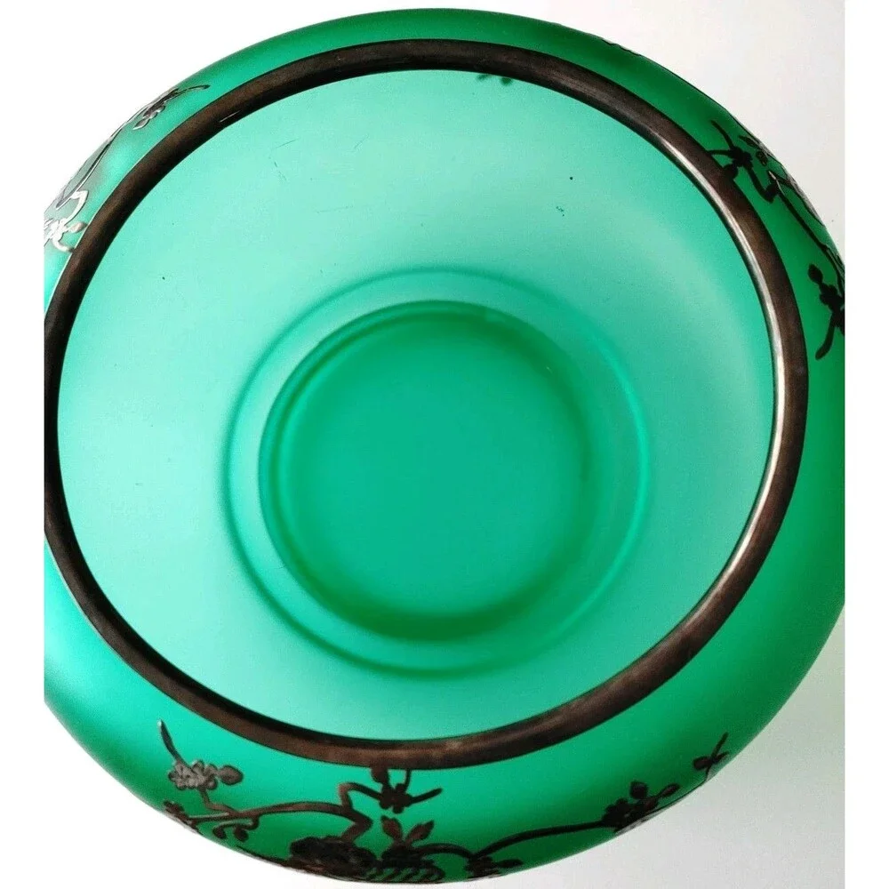 VTG TIFFIN SATIN GREEN CONSOLE BOWL WITH SILVER OVERLAY + 2 COORD. CANDLESTICKS